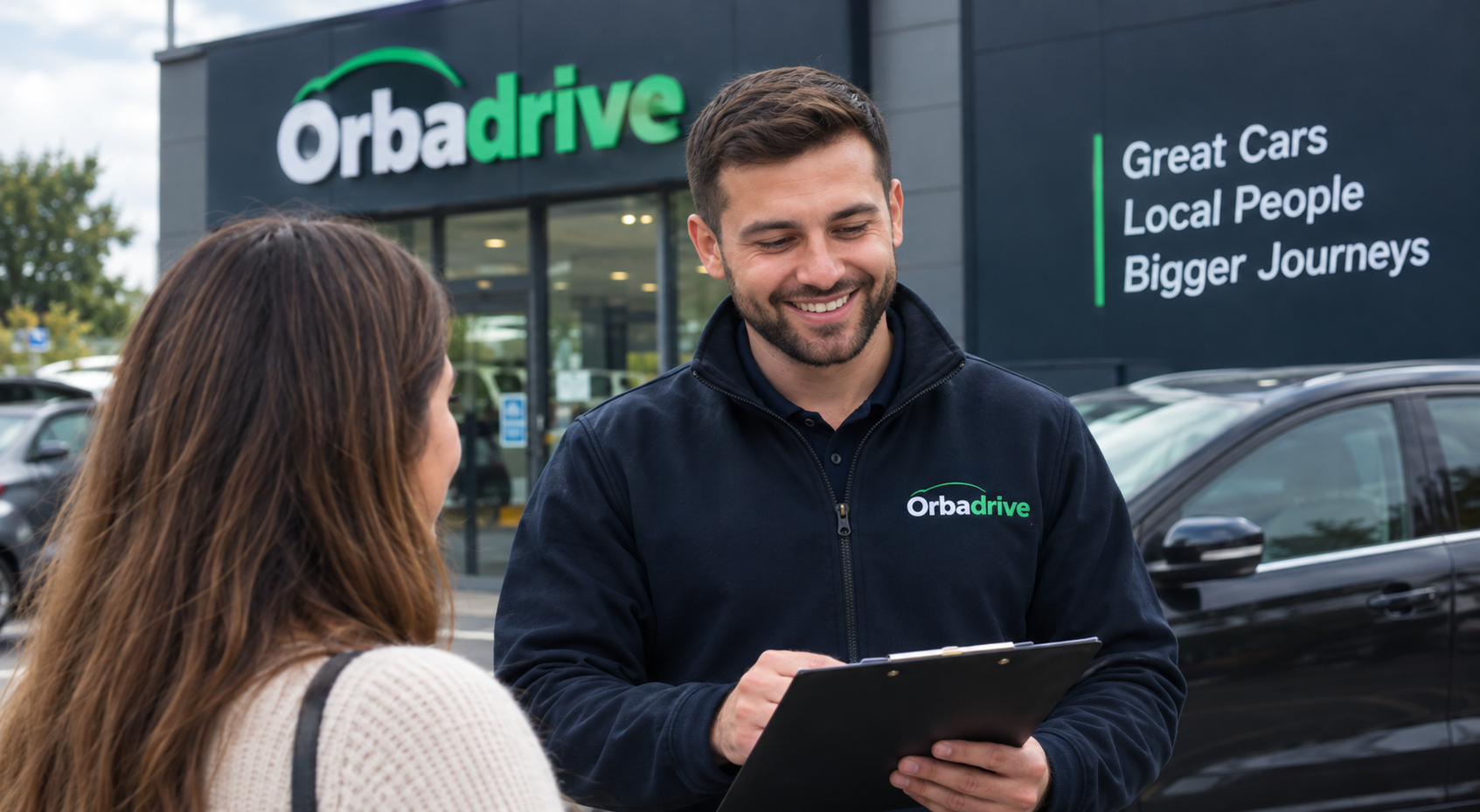 An Orbadrive team member going through paperwork with a driver outside the Orbadrive office
