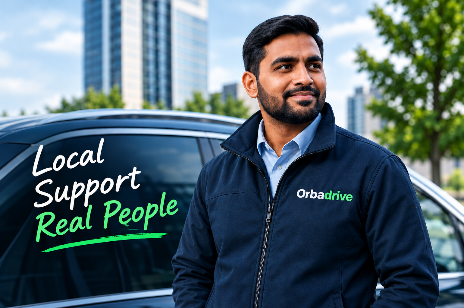Orbadrive team member beside a car — Local support, real people