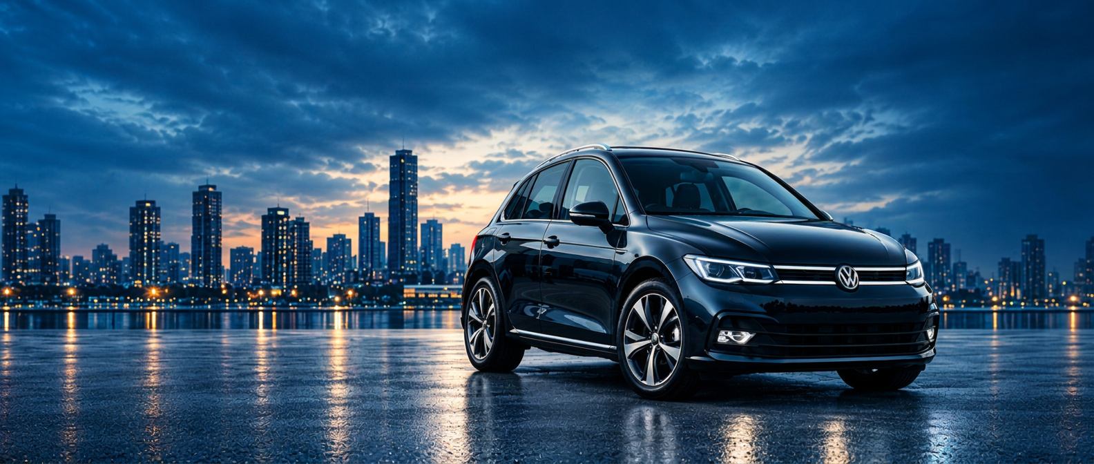 Private hire car against a city skyline at dusk
