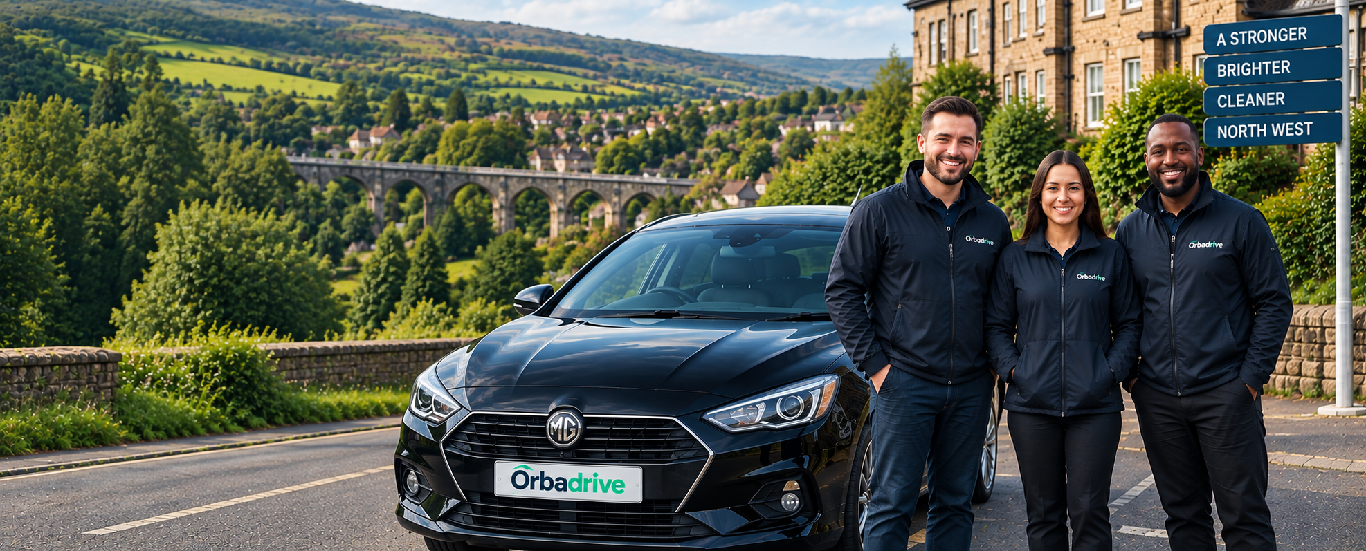 The Orbadrive team with a rental car in front of the Pennine hills